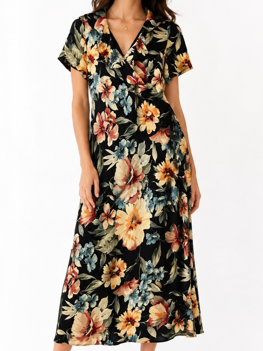 David Warren Black Floral V‑Neck Maxi Dress